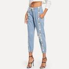 Shein Letter Print Drawstring Ripped Jeans