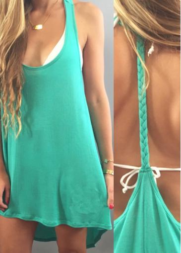 Rosewe Green Open Back Scoop Neck Mini Dress