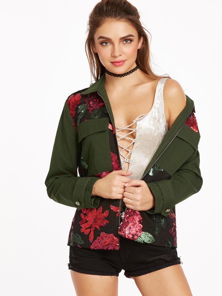 Shein Olive Green Flower Sequined Flap Pocket Front Utility Jacket