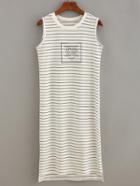 Shein Ribbed Neck Letter Print Striped Tank Dress - White