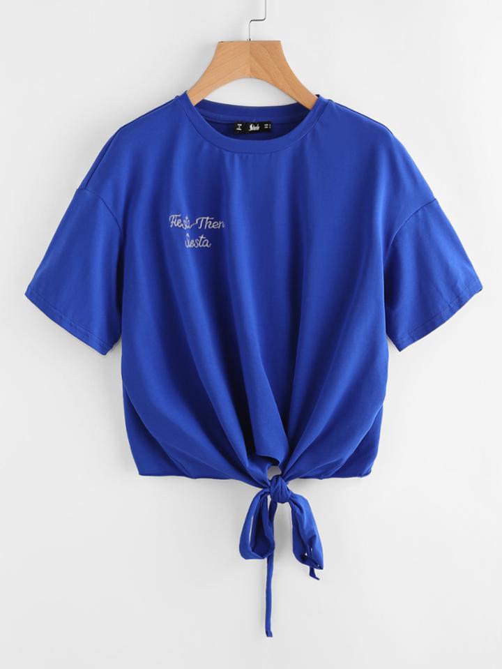 Shein Tie Front Embroidered T-shirt