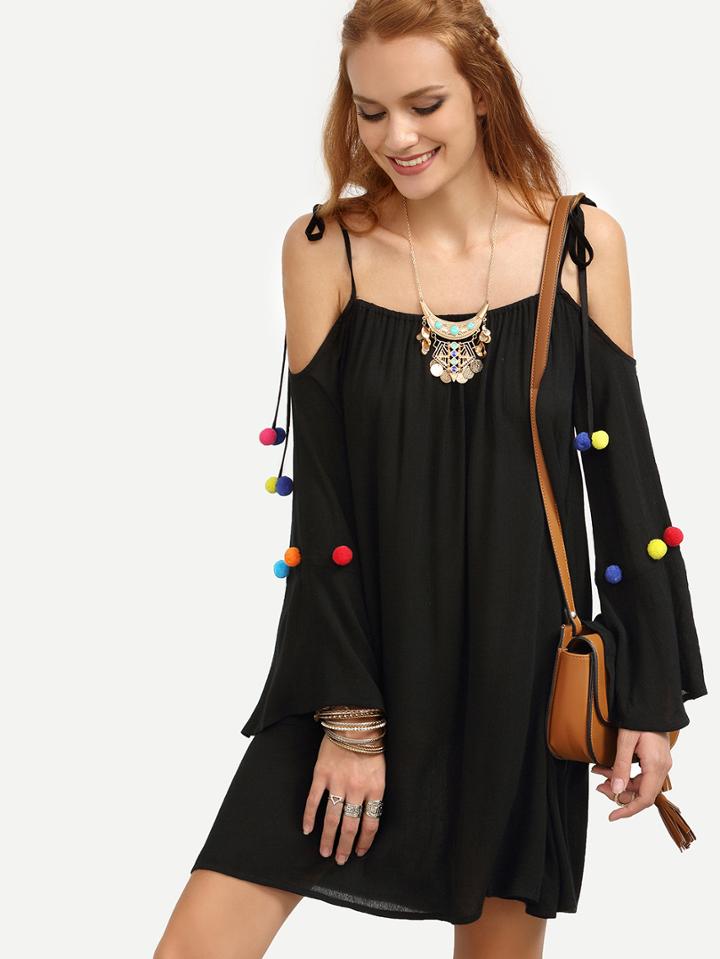 Shein Black Tie Spaghetti Strap Pom-pom Long Sleeve Dress