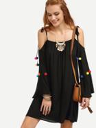 Shein Black Tie Spaghetti Strap Pom-pom Long Sleeve Dress
