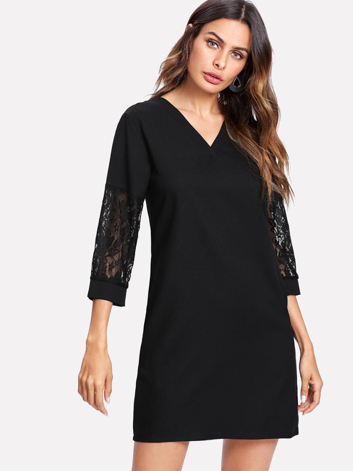 Shein Lace Panel V Neckline Dress