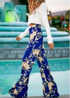 Rosewe Flower Print Royal Blue Boot Cut Pants