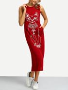 Shein Burgundy Sleeveless Cat Print Slim Dress