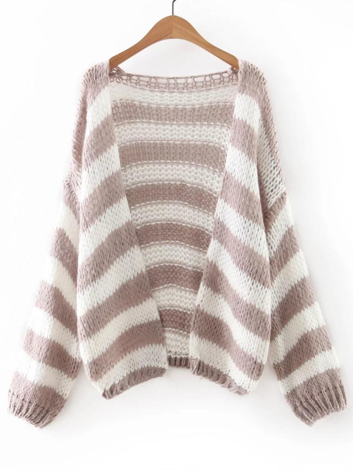 Shein Coffee And White Stripe Slim Cardigan