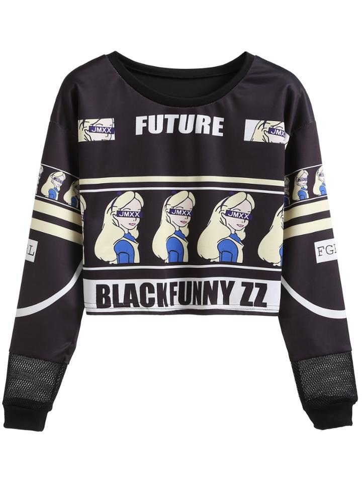 Shein Black Cartoon And Letter Print Sweatshirt