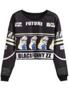 Shein Black Cartoon And Letter Print Sweatshirt