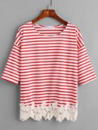 Shein Red Striped Flower Applique Trim T-shirt