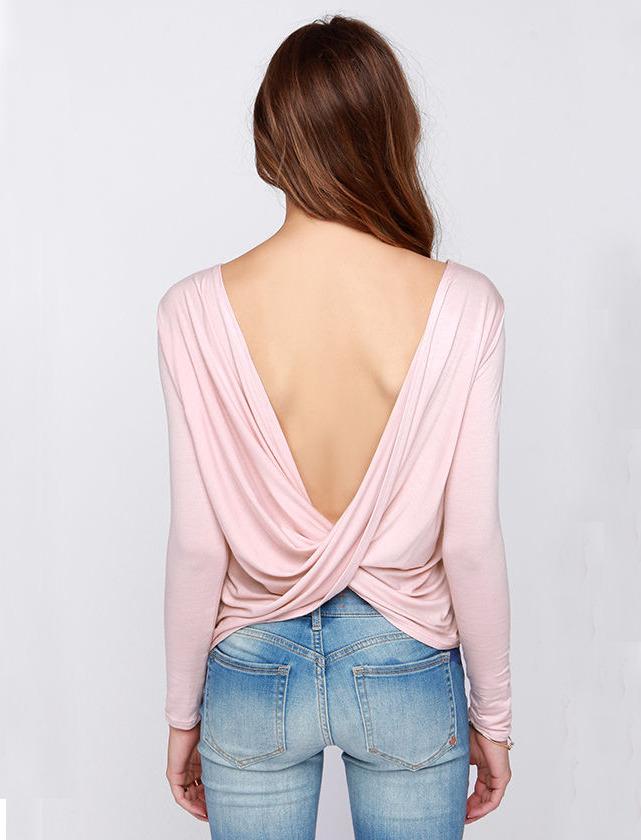 Shein Pink Long Sleeve Backless T-shirt