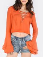 Shein Orange Bell Sleeve V Lace-up Blouse
