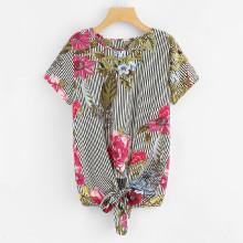 Shein Floral Print Stripe Knot Front Top
