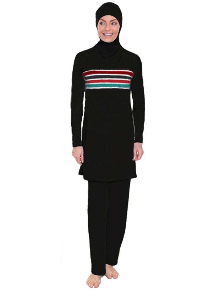 Shein Striped Print Hooded Full Coverage Modest Swimwear