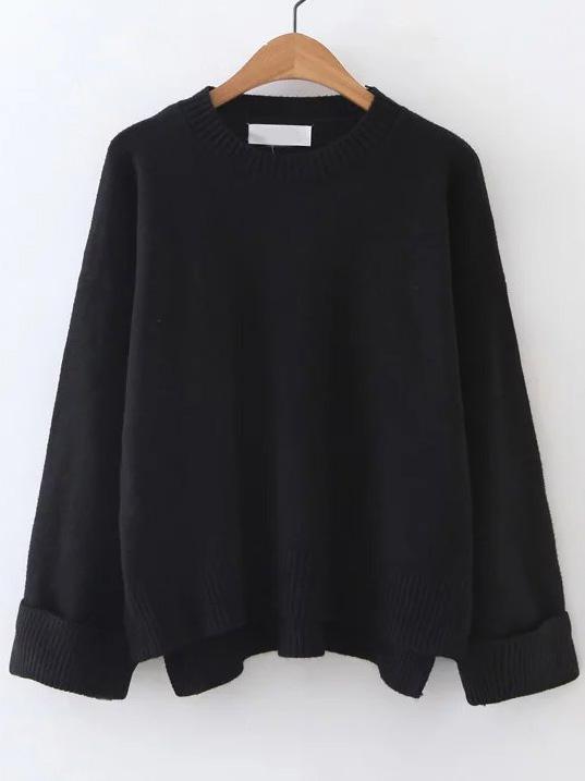 Shein Black Ribbed Trim Dip Hem Sweater