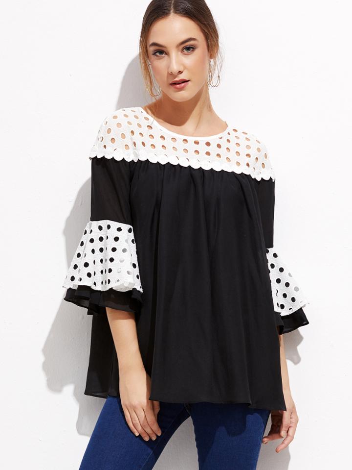 Shein Contrast Eyelet Yoke And Ruffle Sleeve Top
