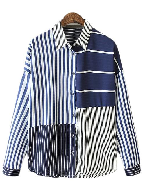 Shein Multicolor Buttons Front Stripe Patch Blouse