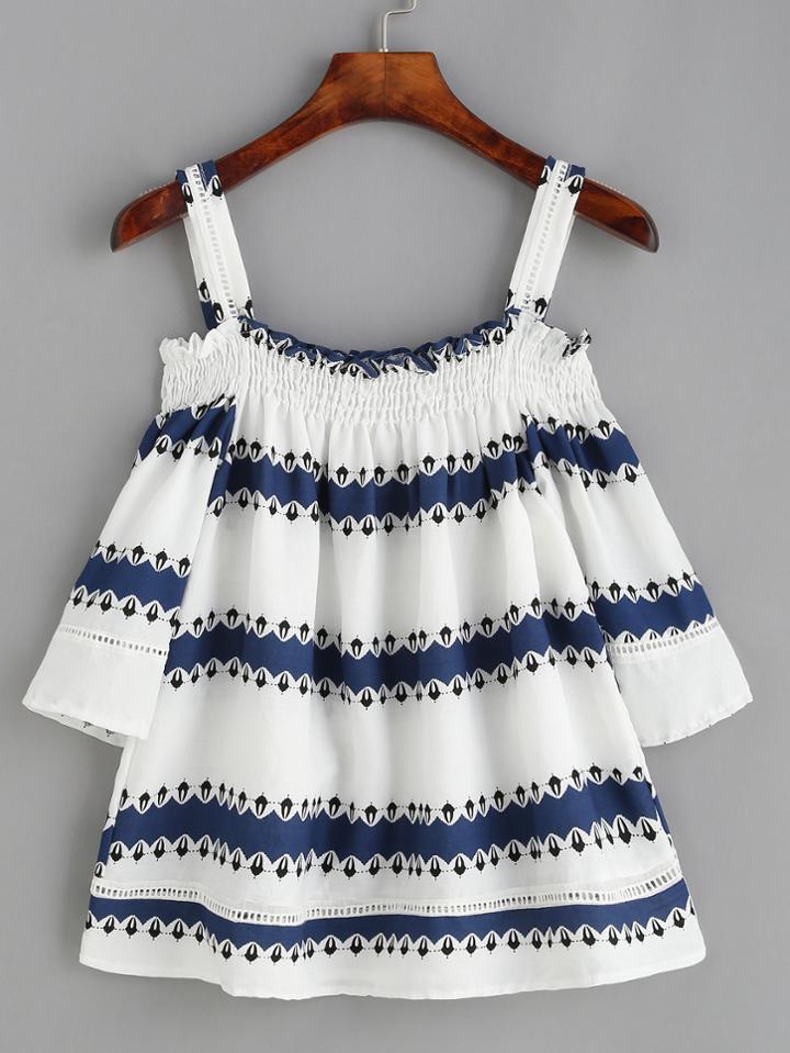 Shein White Striped Lace Insert Shirred Cold Shoulder Top