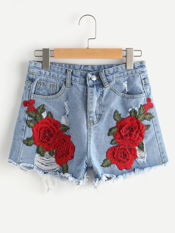 Shein Appliques Ripped Frayed Hem Denim Shorts