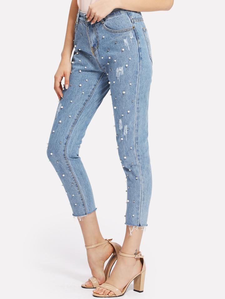 Shein Raw Hem Faux Pearl Jeans