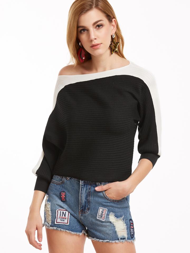 Shein Color Block Oblique Shoulder Ribbed Sweater