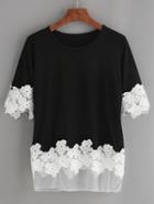 Shein Black Flower Crochet And Mesh Trimmed T-shirt