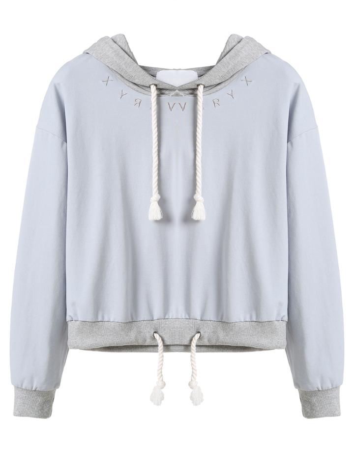 Shein Blue Letter Embroidered Drawstring Hoodie Sweatshirt