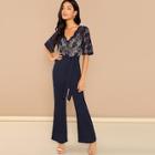 Shein Lace Contrast Waist Belted Wide Leg Jumpsuit
