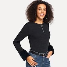 Shein Faux Fur Cuff Zipper Up Pullover