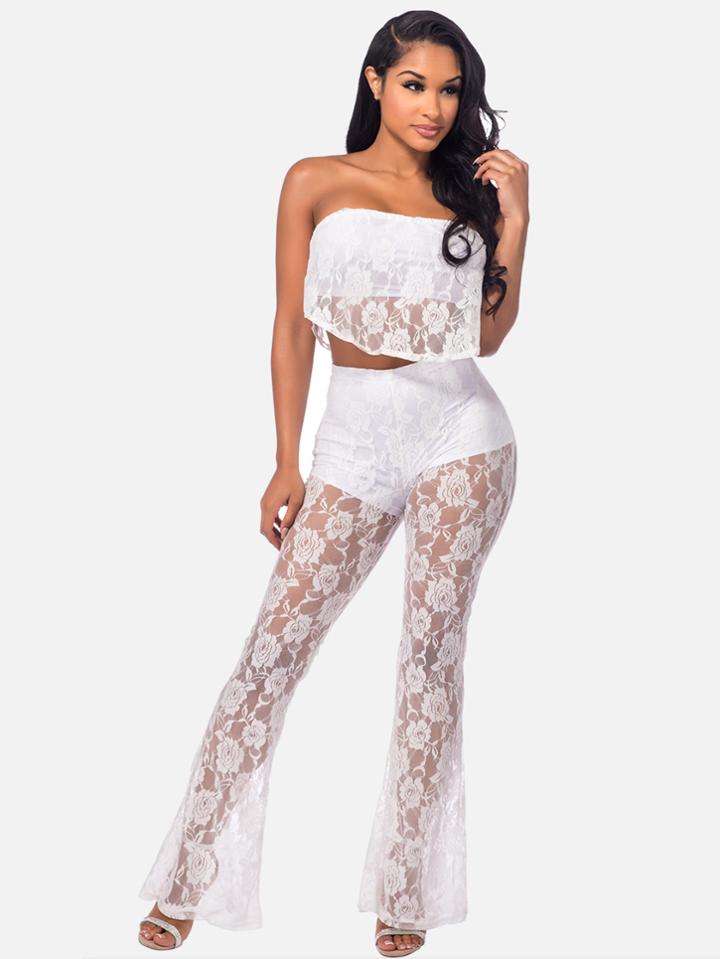 Shein See-through Frill Layered Bandeau Top With Flare Pants
