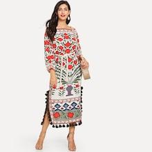 Shein Off-shoulder Tassel Detail Tie Waist Split Dress