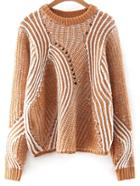 Shein Khaki Mixed Knit Hollow Out Loose Sweater