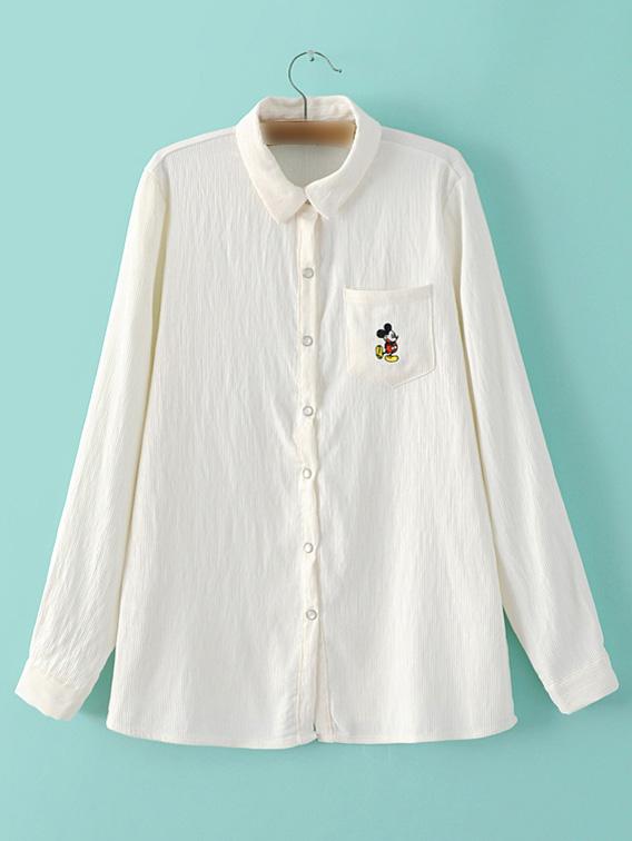 Shein White Lapel Embroidery Buttons Front Pocket Blouse