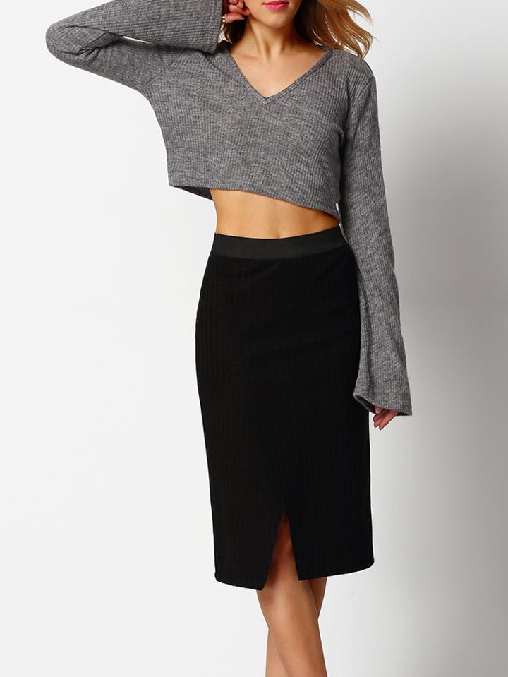 Shein Grey V Neck Long Sleeve Crop Knitwear
