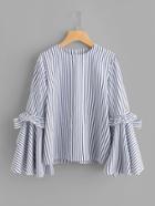 Shein Bow Tie Frilled Exaggerate Sleeve Pinstripe Top