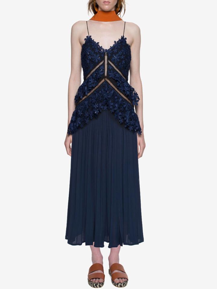Shein Blue Flower Lace Pleated Spaghetti Strap Dress