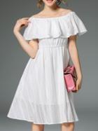 Shein White Boat Neck Ruffle Elastic-waist Hollow Dress