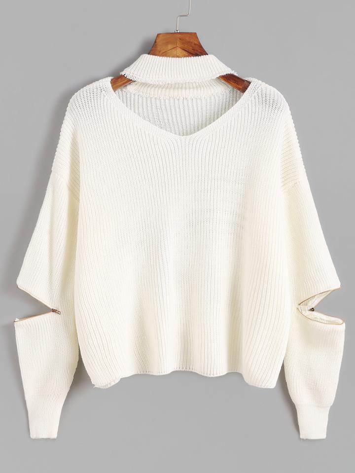 Shein Ivory Choker Neck Sweater With Sleeve Zip Detail