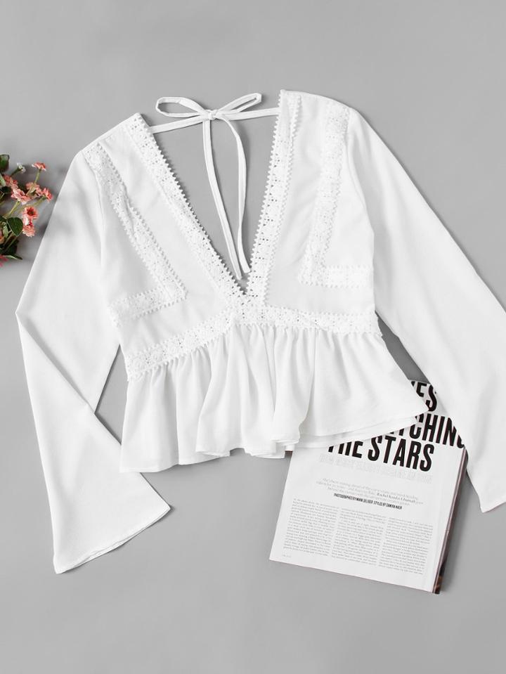 Shein Plunging V-neckline Lace Trim Self Tie Frill Top