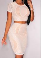 Rosewe Two Piece Beige Crop Top And Bodycon Skirt