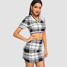 Shein V-neck Plaid Top & Skirt Set