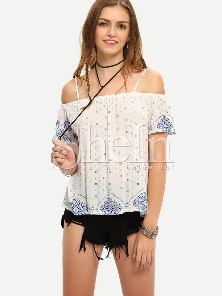 Shein Multicolor Spaghetti Strap Cold Shoulder Print Blouse