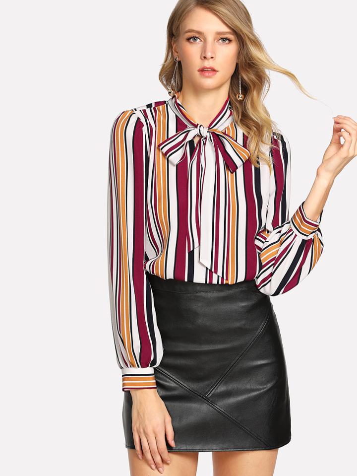 Shein Tie Neck Striped Blouse