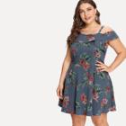 Shein Plus Flower Print Cold Shoulder Denim Dress