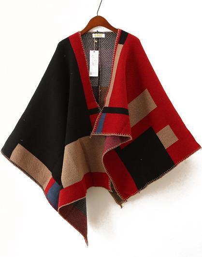 Shein Red And Black Asymmetric Wool Blend Cape