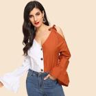 Shein Flounce Sleeve Knot Single Breasted Blouse