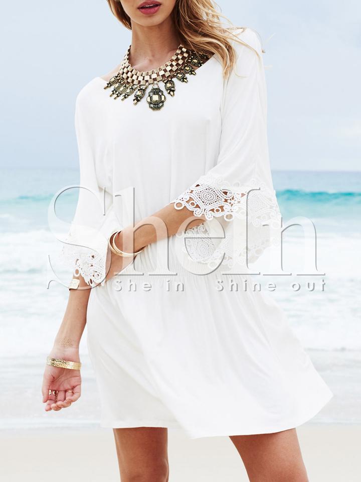 Shein Beige Lace Cuff Drop Waist Dress