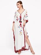 Shein Tie Neck Tassel Trim Embroidered Poncho Dress