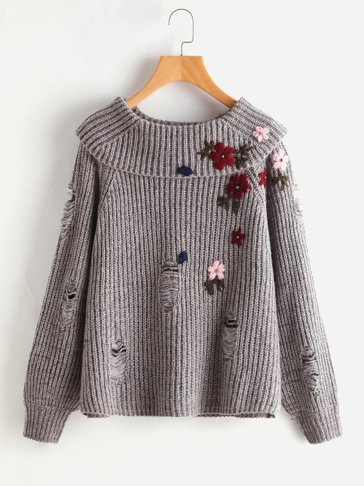 Shein Foldover Neck Flower Embroidered Distressed Jumper