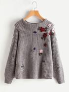 Shein Foldover Neck Flower Embroidered Distressed Jumper